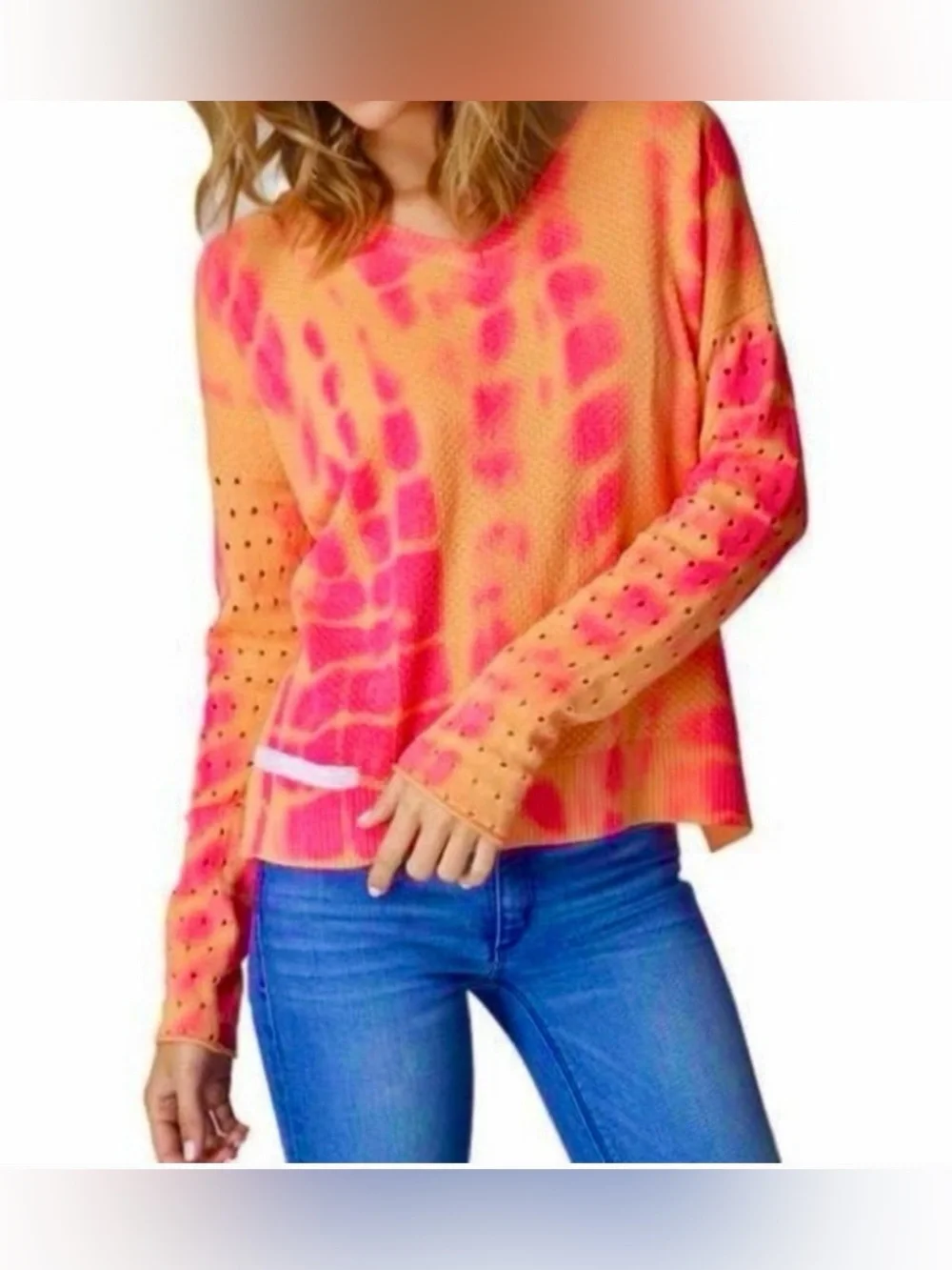 Lisa Todd bright orange pink tie dye top waffle holes medium - Picture 1 of 2
